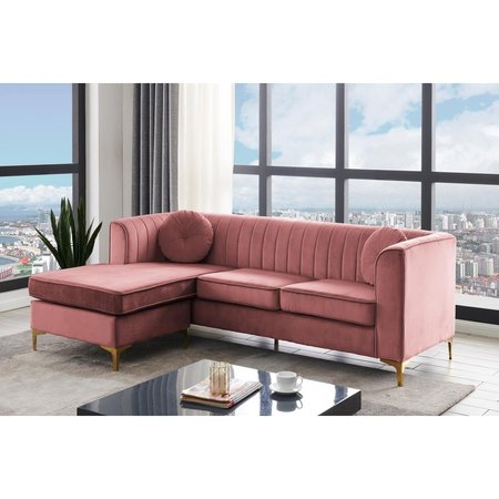 CHIC HOME Chic Home FSA9506-US Britannia Modular Chaise Sectional Sofa with Velvet Upholstered Vertical Channel Quilted Seat Back Solid Gold Tone Metal Y-Legs with 2 Throw Pillows; Modern Contemporary; Blush FSA9506-US